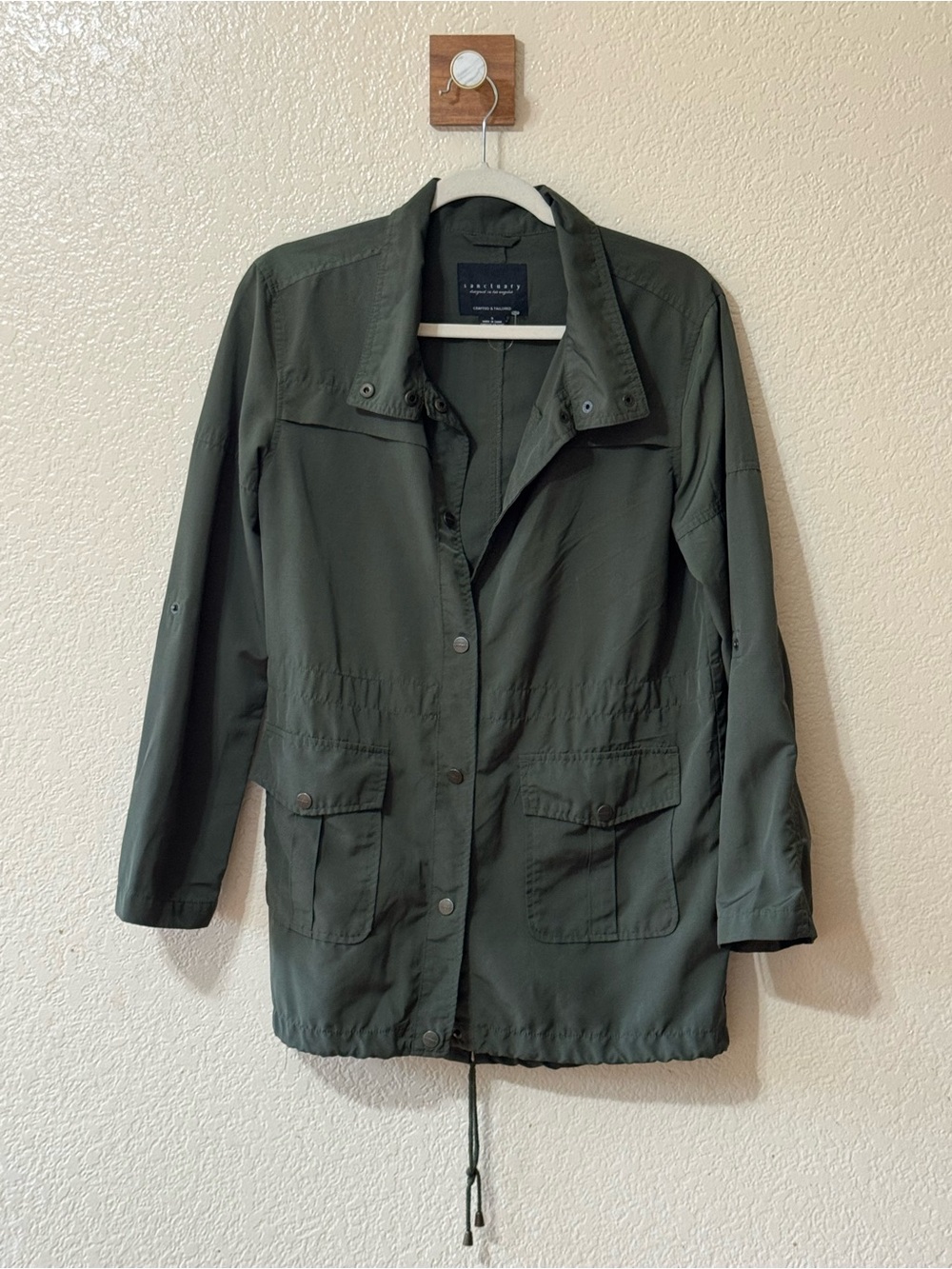 Anthropologie Sanctuary Olive Green Trench Nylon Utility Jacket Size Small FLAWS
